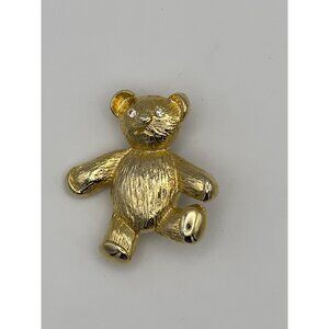 Teddy Bear Brooch Gold Tone Clear Rhinestone Eyes 2"